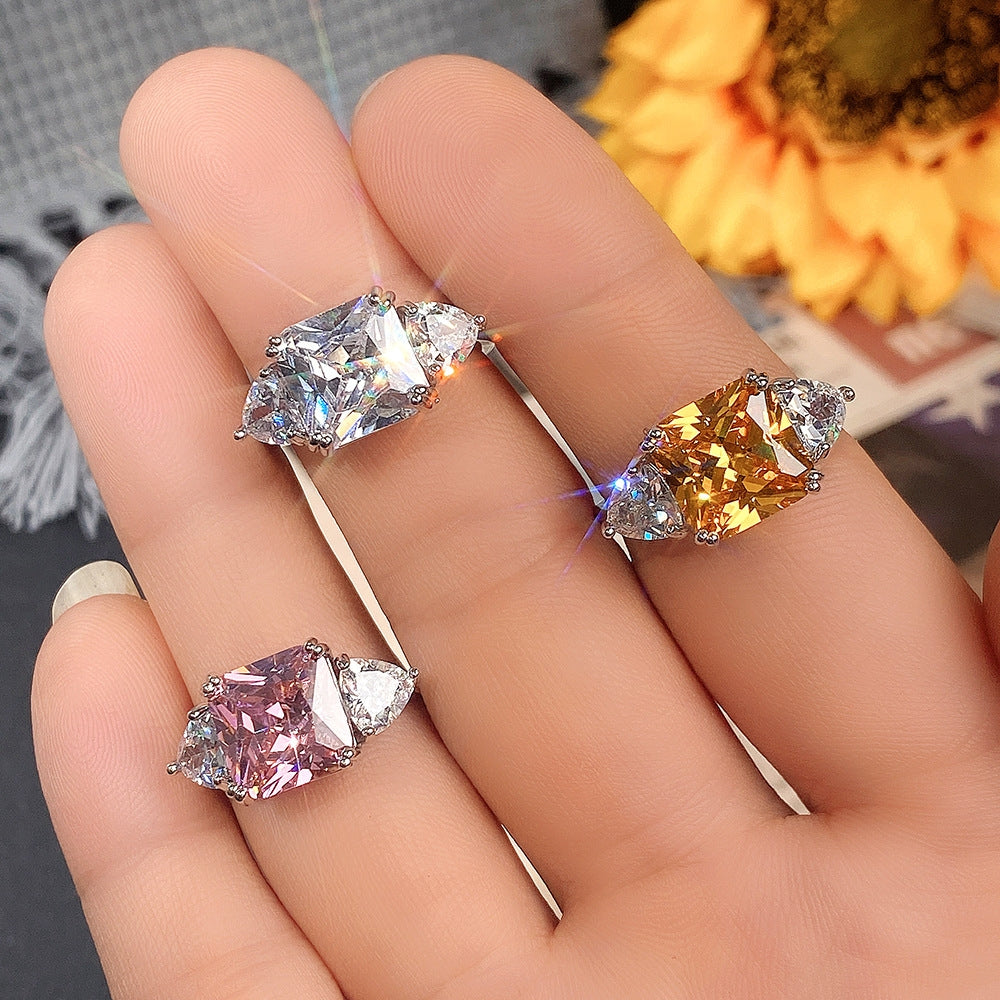 Glam Retro Geometric Pink Zircon Princess Square Copper Rings