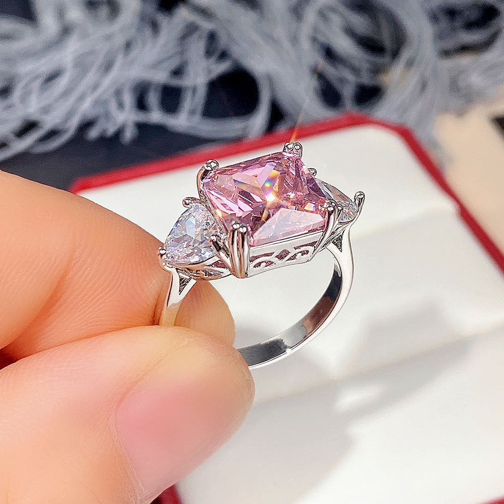 Glam Retro Geometric Pink Zircon Princess Square Copper Rings