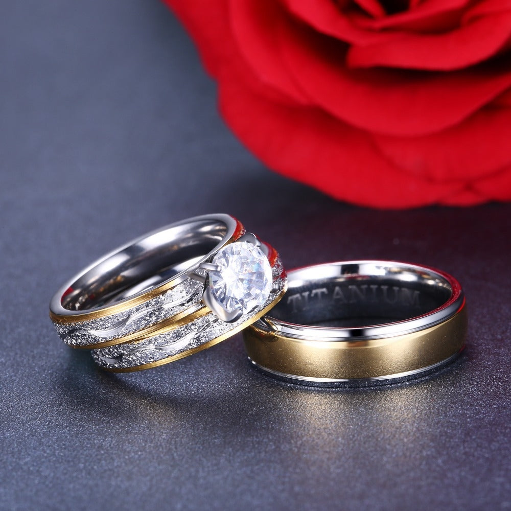 Glam Simple Style Stainless Steel Gemstone Couple Rings Set