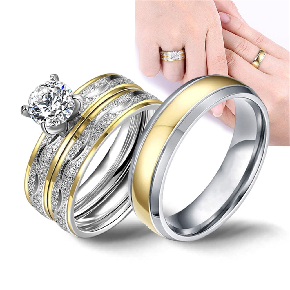 Glam Simple Style Stainless Steel Gemstone Couple Rings Set