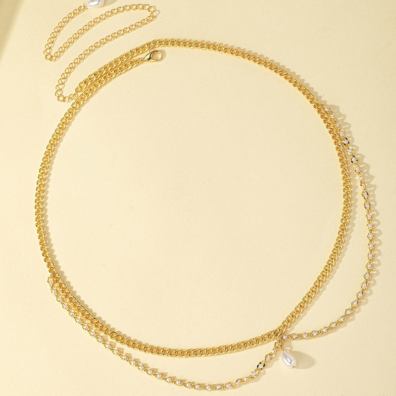Glam 14k Gold Plated Rhinestone & Pearl Multi-Layer Women's Body Chain