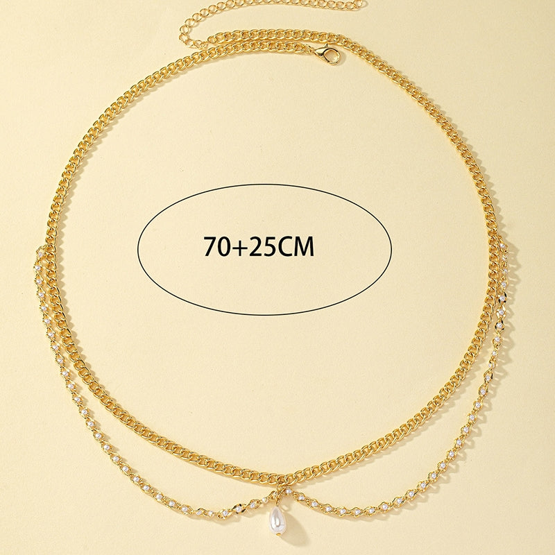 Glam 14k Gold Plated Rhinestone & Pearl Multi-Layer Women's Body Chain