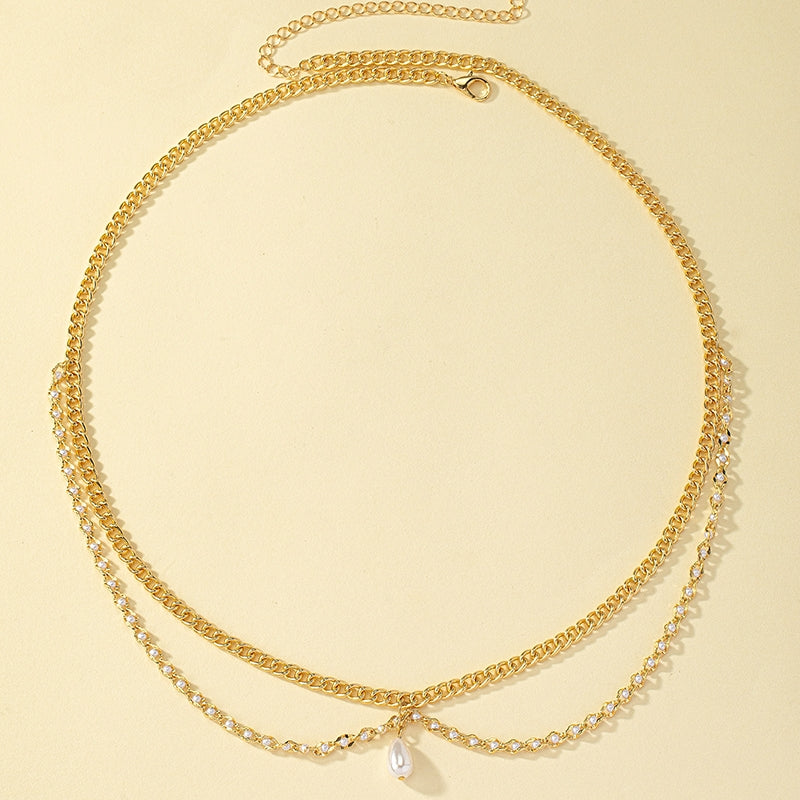 Glam 14k Gold Plated Rhinestone & Pearl Multi-Layer Women's Body Chain