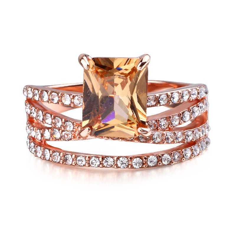 Glam Square Rose Gold Plated Champagne Gemstone Women's Engagement Ring