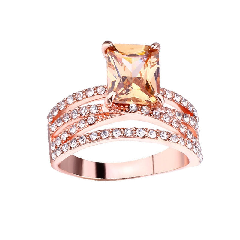 Glam Square Rose Gold Plated Champagne Gemstone Women's Engagement Ring