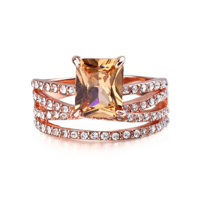 Glam Square Rose Gold Plated Champagne Gemstone Women's Engagement Ring