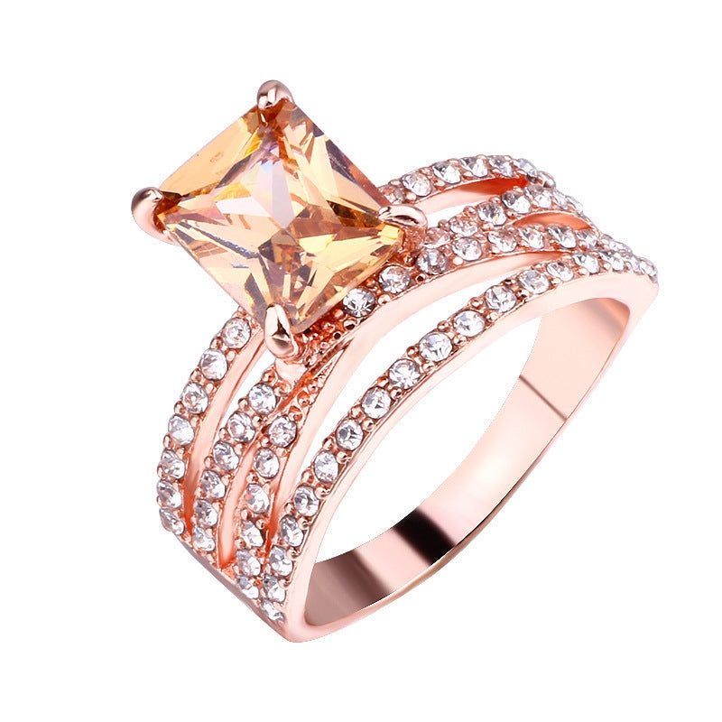 Glam Square Rose Gold Plated Champagne Gemstone Women's Engagement Ring