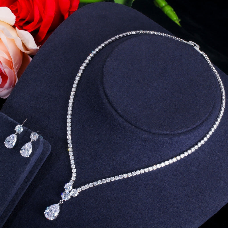 Glamorous Wedding Jewelry Set: Water Droplet Artificial Gemstones Necklace and Earrings in White Gold and Rhodium Plating