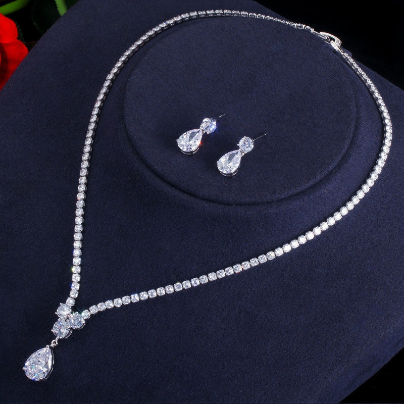 Glamorous Wedding Jewelry Set: Water Droplet Artificial Gemstones Necklace and Earrings in White Gold and Rhodium Plating