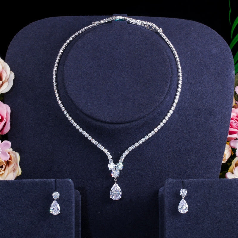 Glamorous Wedding Jewelry Set: Water Droplet Artificial Gemstones Necklace and Earrings in White Gold and Rhodium Plating