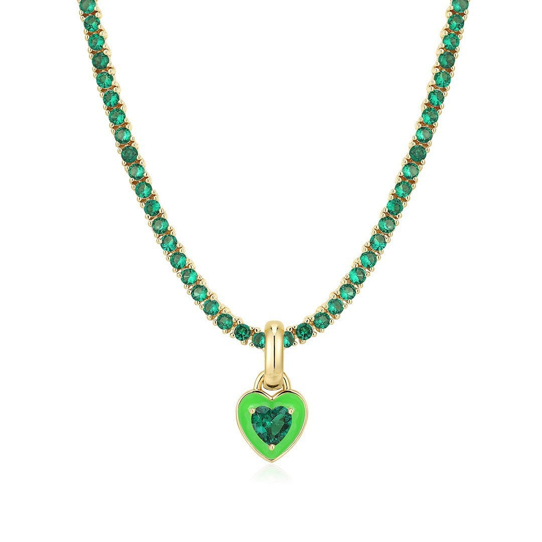 18K Gold Plated Geometric Heart Zircon Pendant Necklace with Colorful Tennis Chain