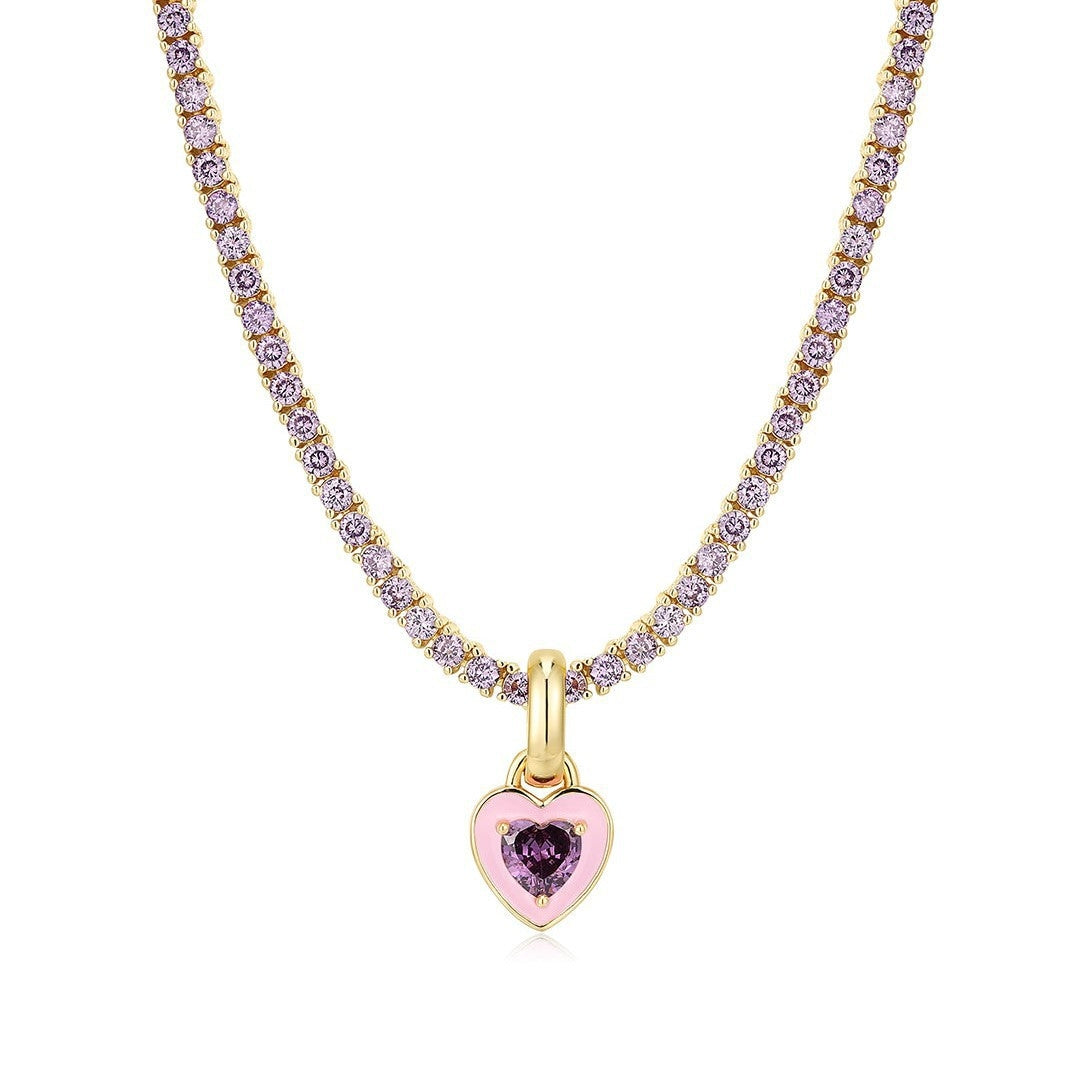 18K Gold Plated Geometric Heart Zircon Pendant Necklace with Colorful Tennis Chain