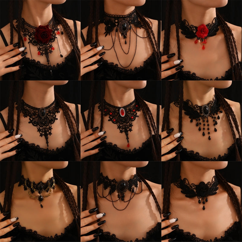 Gothic Rose Wings Lace Tassel Choker Necklace