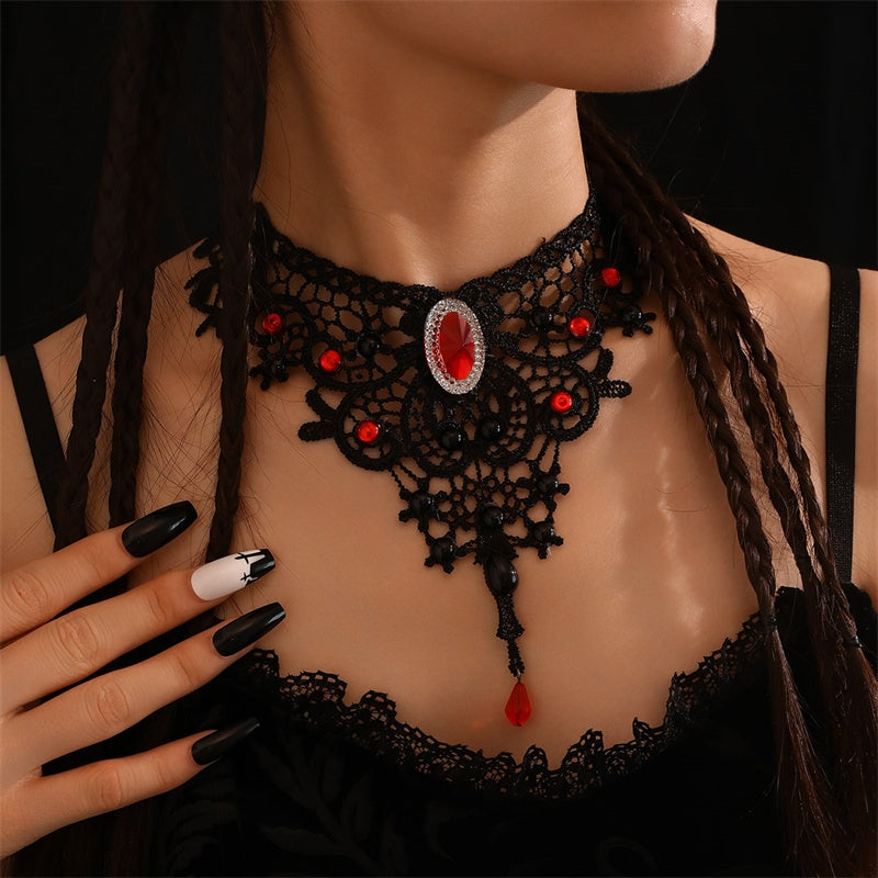 Gothic Rose Wings Lace Tassel Choker Necklace