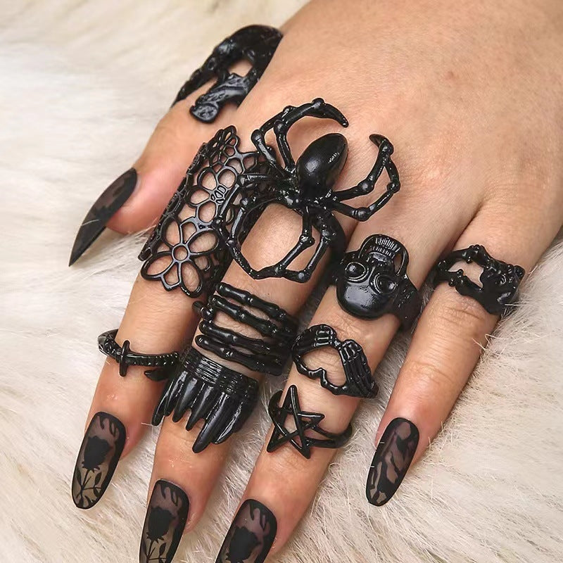 Gothic Star Spider Skull Adjustable Alloy Ring Set - 10 Pieces