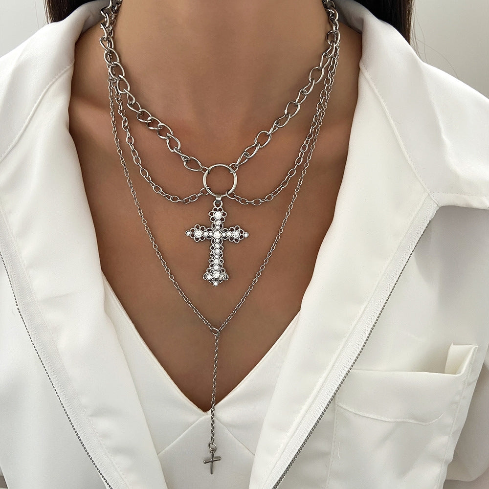 Gothic Punk Cross Pearl Layered Women's Necklace