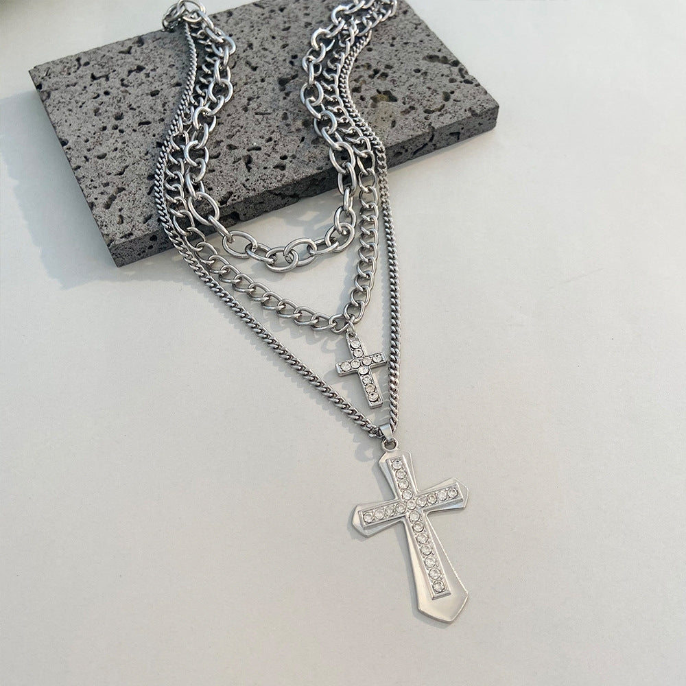 Gothic Punk Cross Pearl Layered Women's Necklace