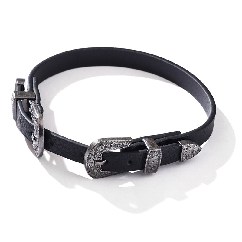 Gothic Retro Punk Monogram PU Leather Choker with Double Buckle Alloy Necklace