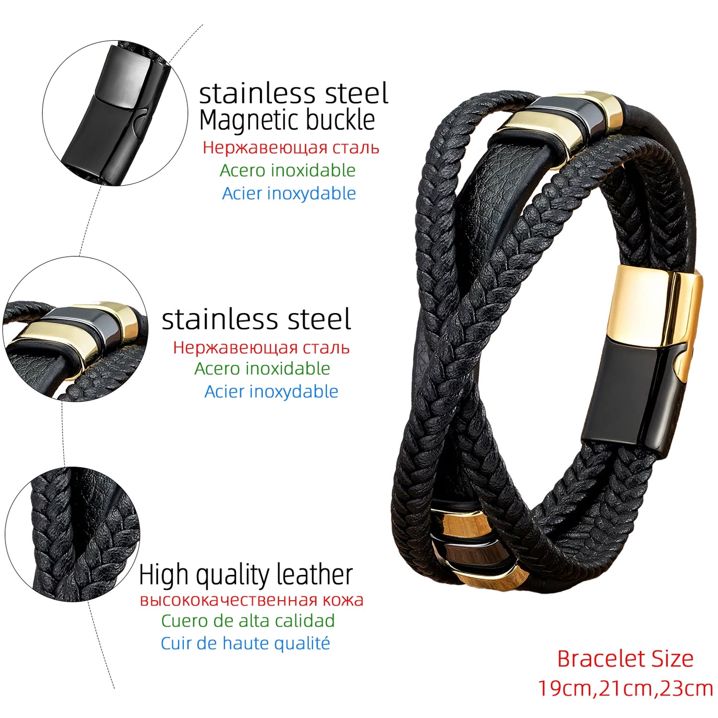 Gothic Punk Geometric Stainless Steel & Leather Layered Men's Bangle Bracelet with Braided Rope and Personalized Buckle