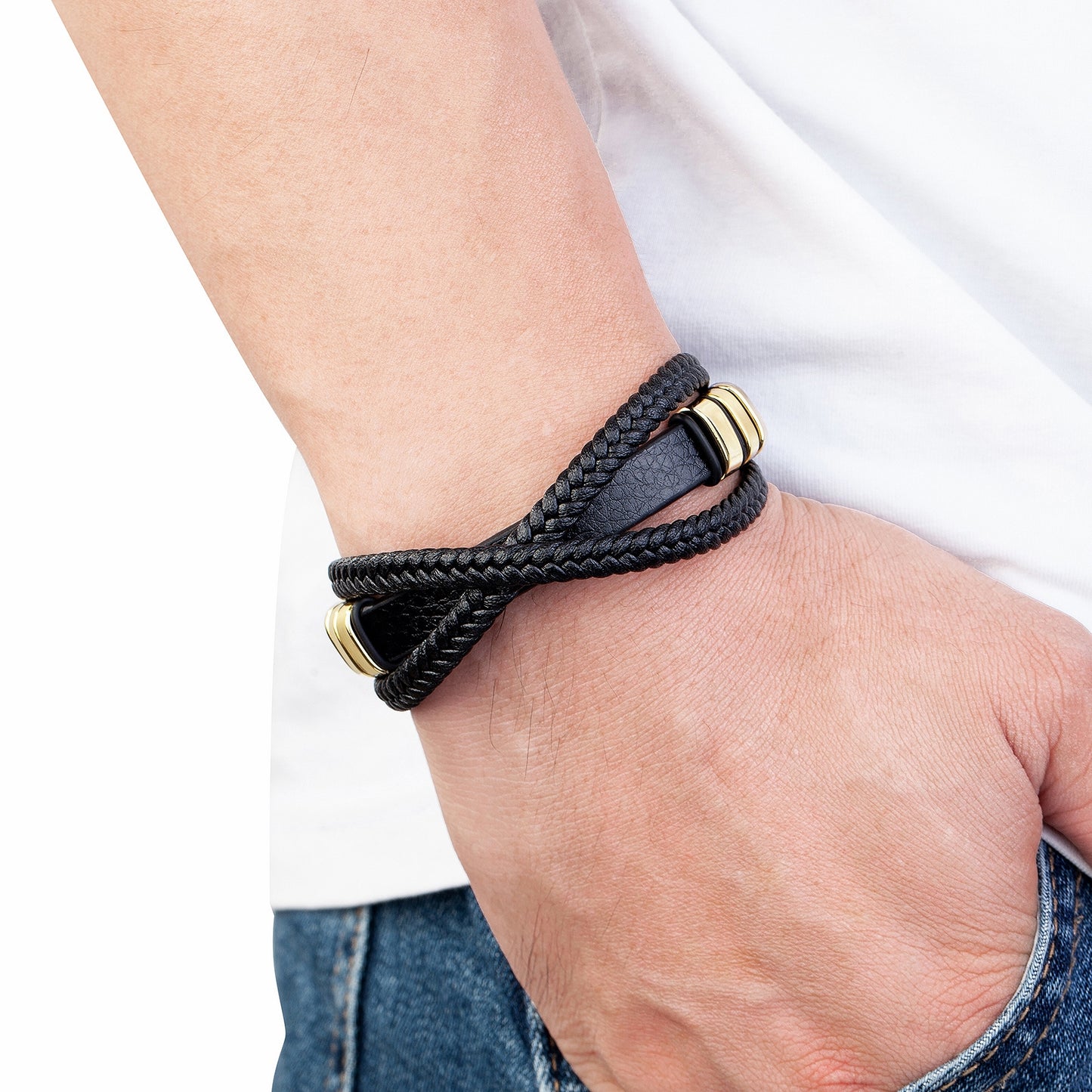 Gothic Punk Geometric Stainless Steel & Leather Layered Men's Bangle Bracelet with Braided Rope and Personalized Buckle