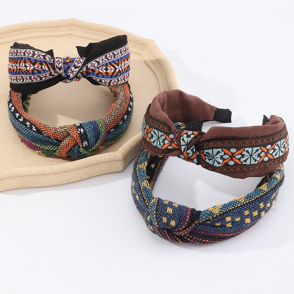 Ethnic Retro Plaid Knotted Fabric Headband Hairpin