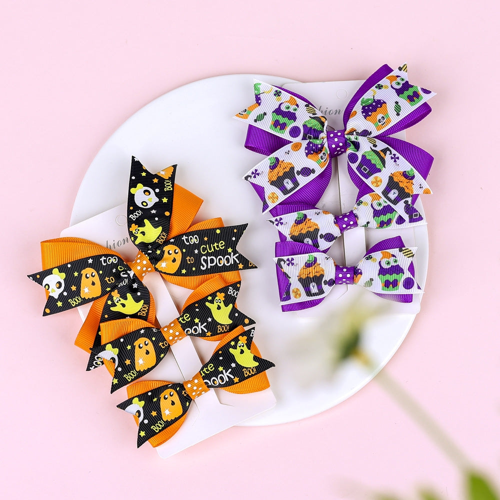 Halloween Pumpkin Children's Bow Hairpin Set - 3 Pieces