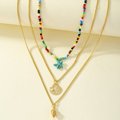 Hawaiian Starfish Conch Shell Beaded Pendant Necklace for Women