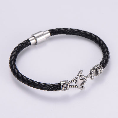 Hawaiian Anchor Leather Men's Bracelet with Stainless Steel Magnet Clasp