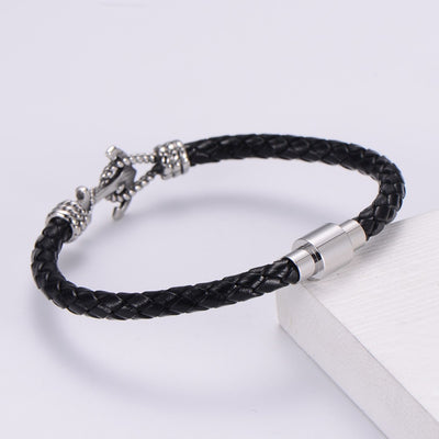 Hawaiian Anchor Leather Men's Bracelet with Stainless Steel Magnet Clasp