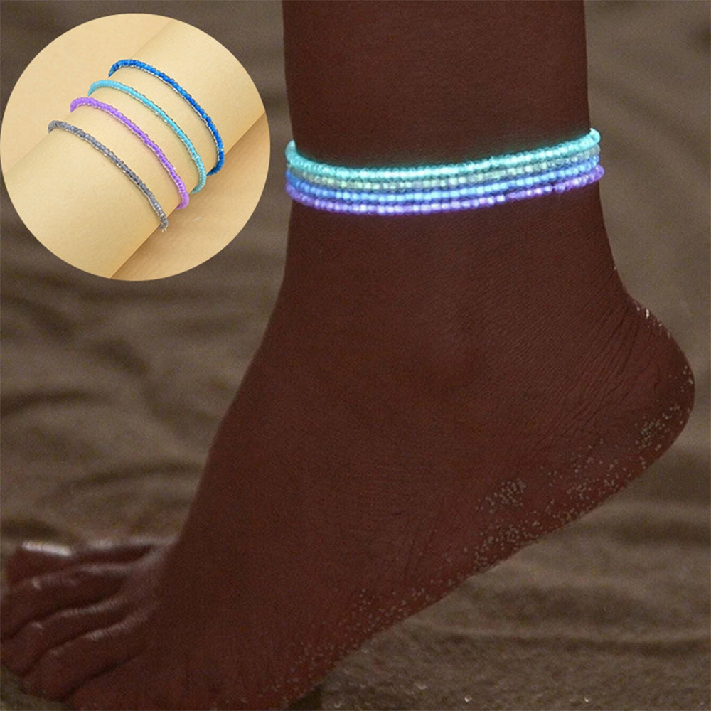 Hawaiian Style Geometric Beaded Anklet Set with Glow-in-the-Dark Beads