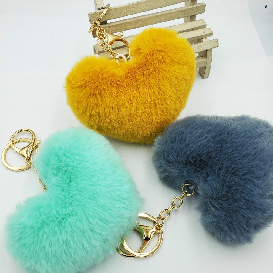 Heart-Shaped Faux Fur Pom Pom Keychain Accessory