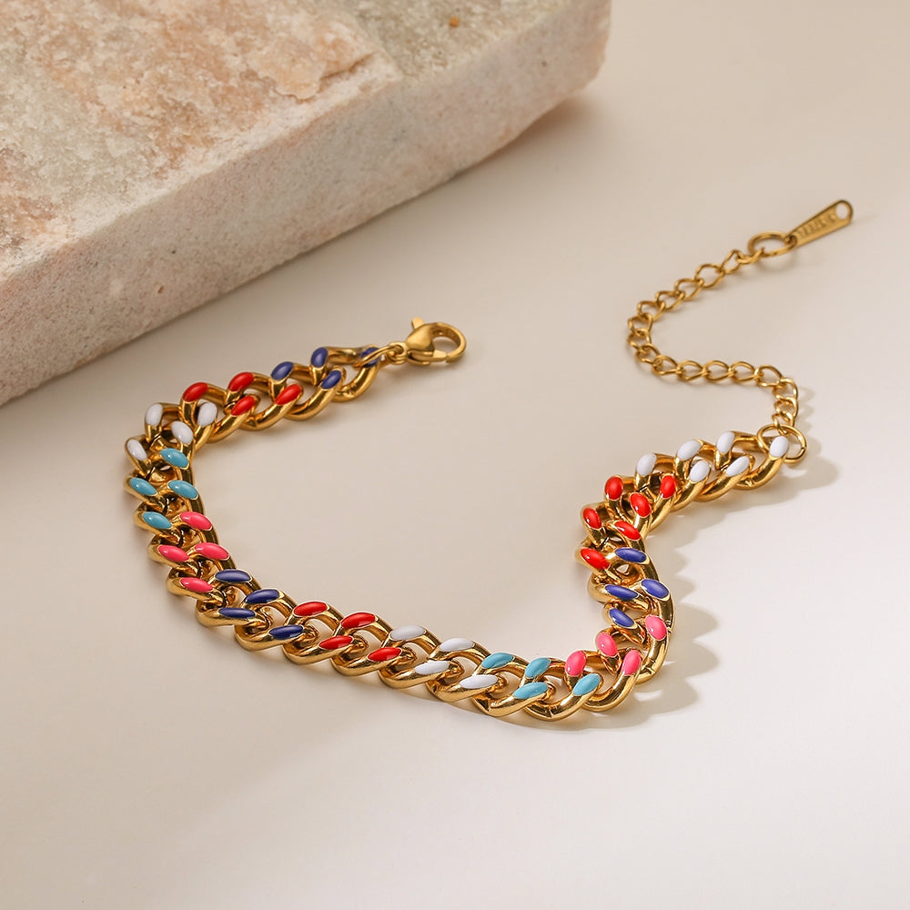 Colorful 18K Gold Plated Stainless Steel Cuban Chain Bracelet - Titanium Steel Dripping Oil Design for Women