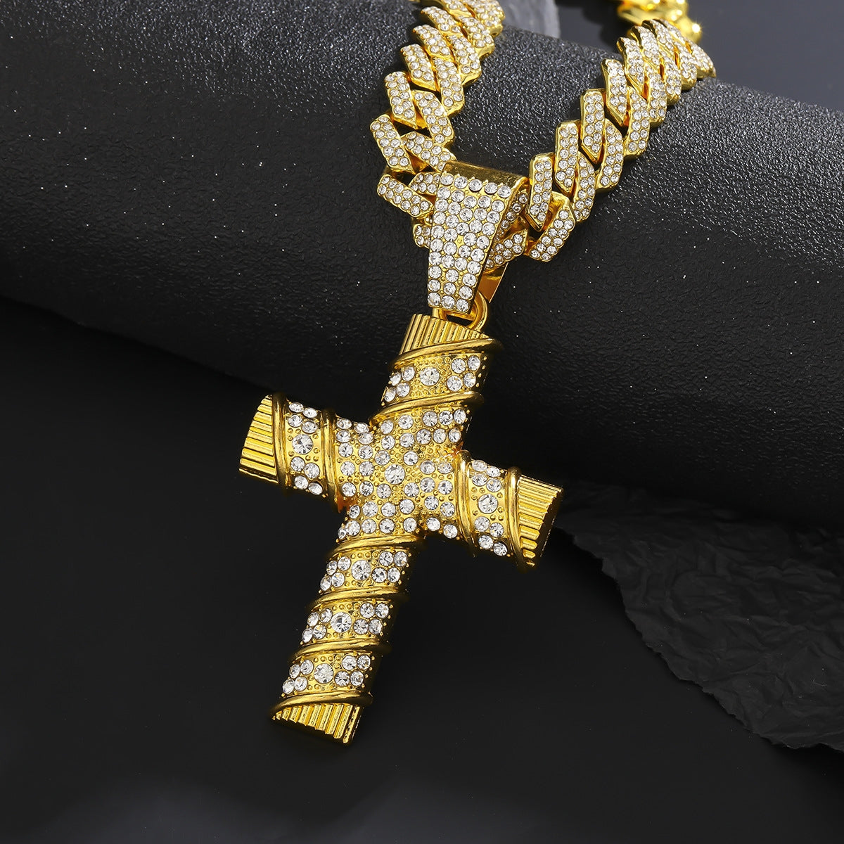 Hip-Hop Cross Diamond Pendant Necklace with Cuban Chain