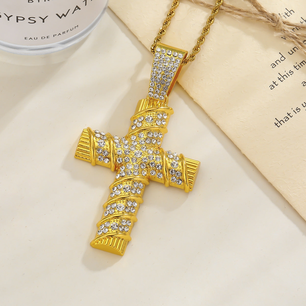 Hip-Hop Cross Diamond Pendant Necklace with Cuban Chain