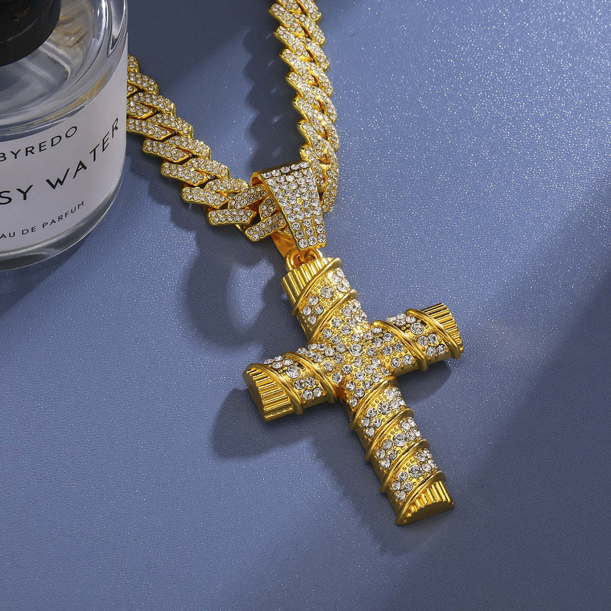 Hip-Hop Cross Diamond Pendant Necklace with Cuban Chain