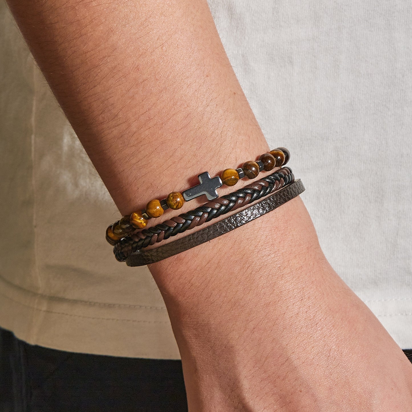 Hip-Hop Cross Alloy Men's Multi-Layer Leather Beaded Bracelet