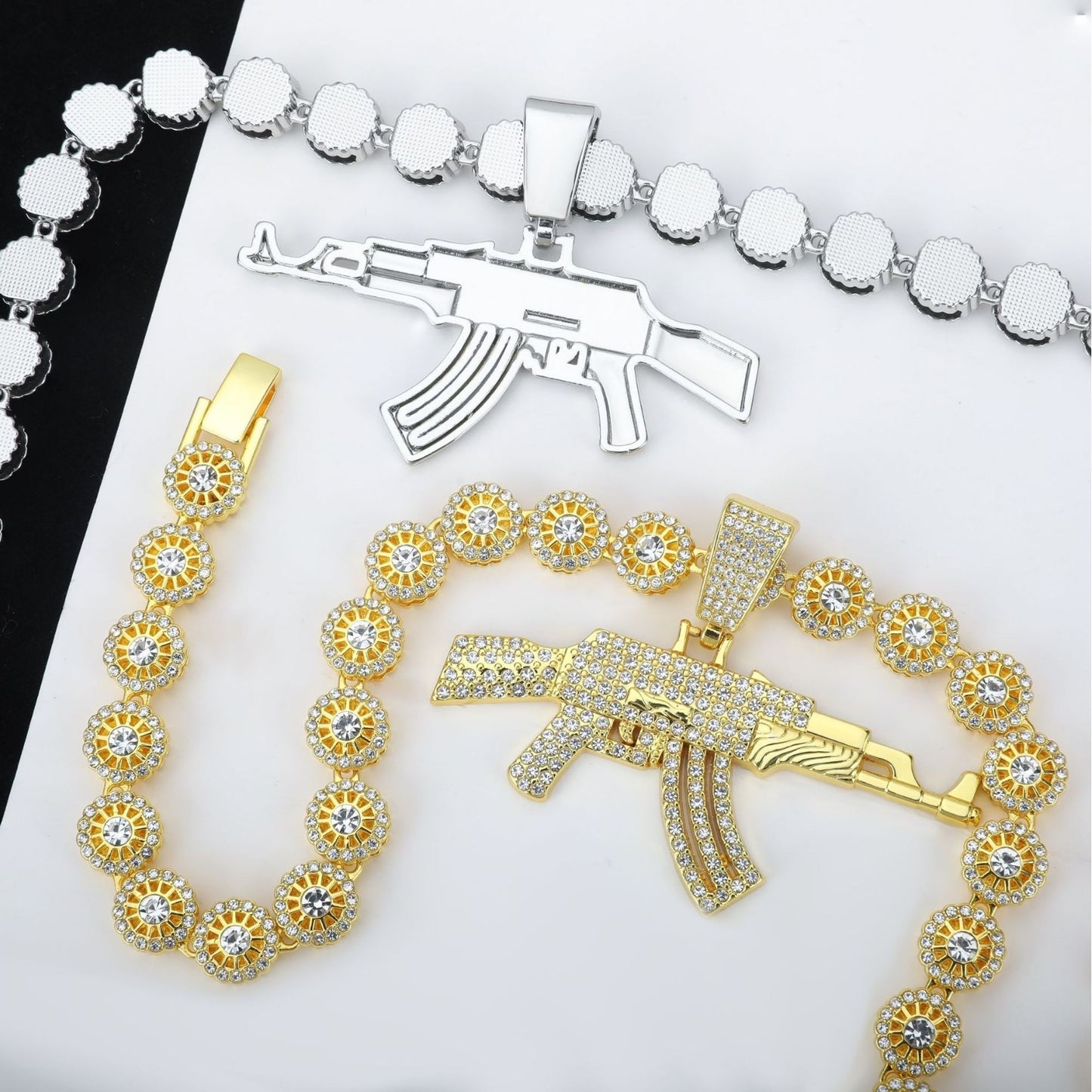 Hip-Hop Rhinestone Inlay Gun Pendant Cuban Link Necklace Jewelry Set