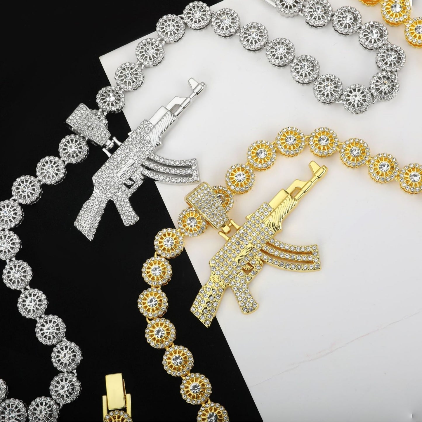 Hip-Hop Rhinestone Inlay Gun Pendant Cuban Link Necklace Jewelry Set