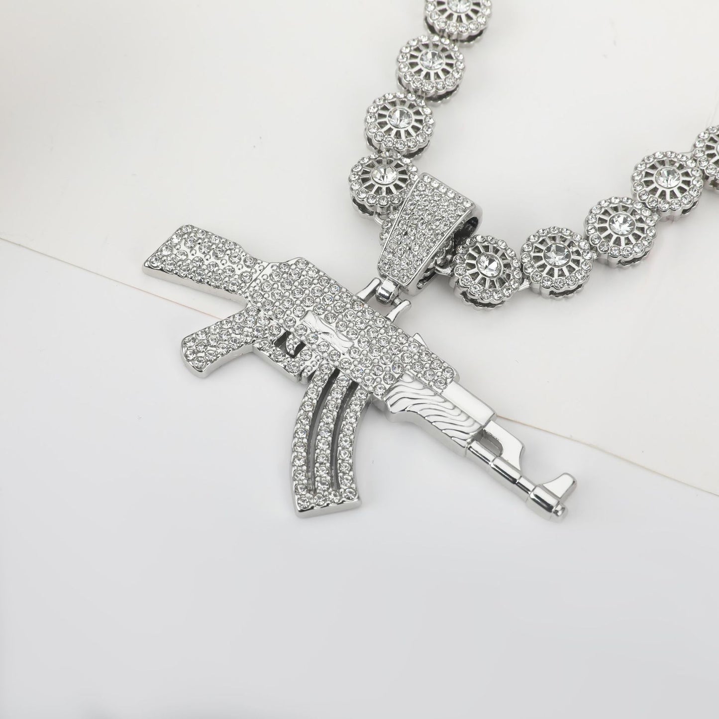 Hip-Hop Rhinestone Inlay Gun Pendant Cuban Link Necklace Jewelry Set