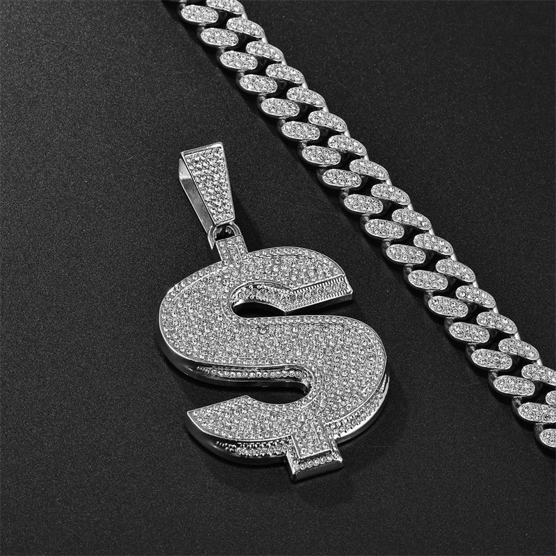 Hip-Hop Rhinestone Letter Pendant Necklace with Cuban Chain Set