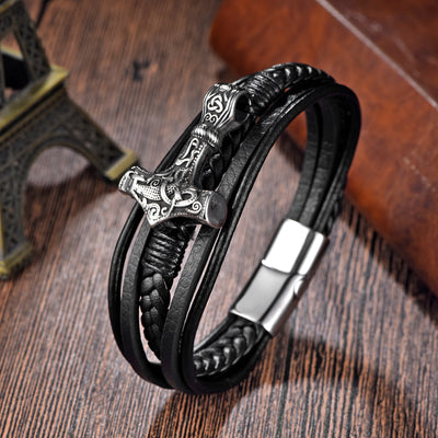 Hip-Hop Geometric Stainless Steel PU Leather Layered Men's Wristband - Nordic Viking Braided Bracelet