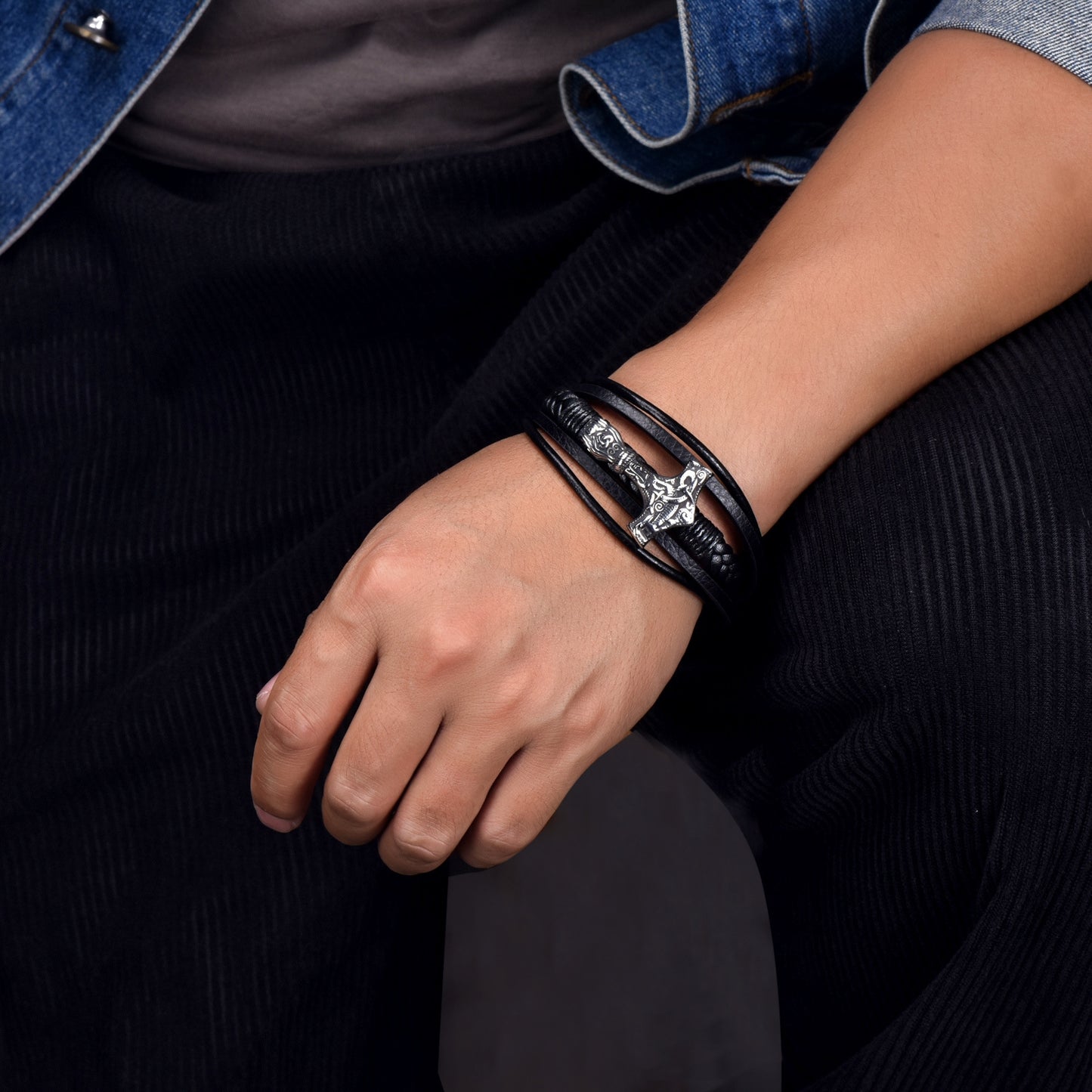 Hip-Hop Geometric Stainless Steel PU Leather Layered Men's Wristband - Nordic Viking Braided Bracelet