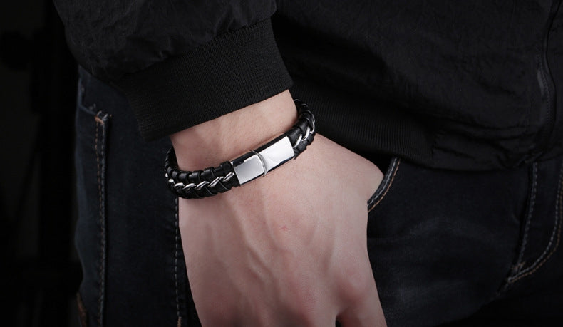 Hip-Hop Geometric Stainless Steel and Braided Leather Men's Bracelet