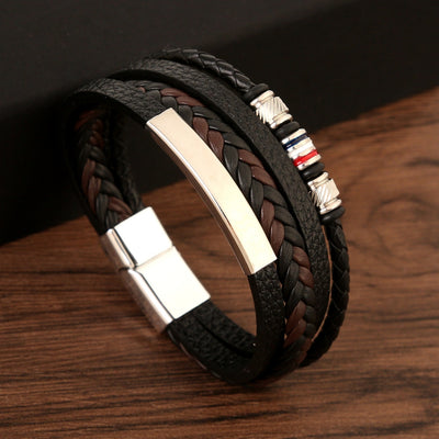 Hip-Hop Geometric Stainless Steel Leather Men's Bracelet with Magnetic Clasp