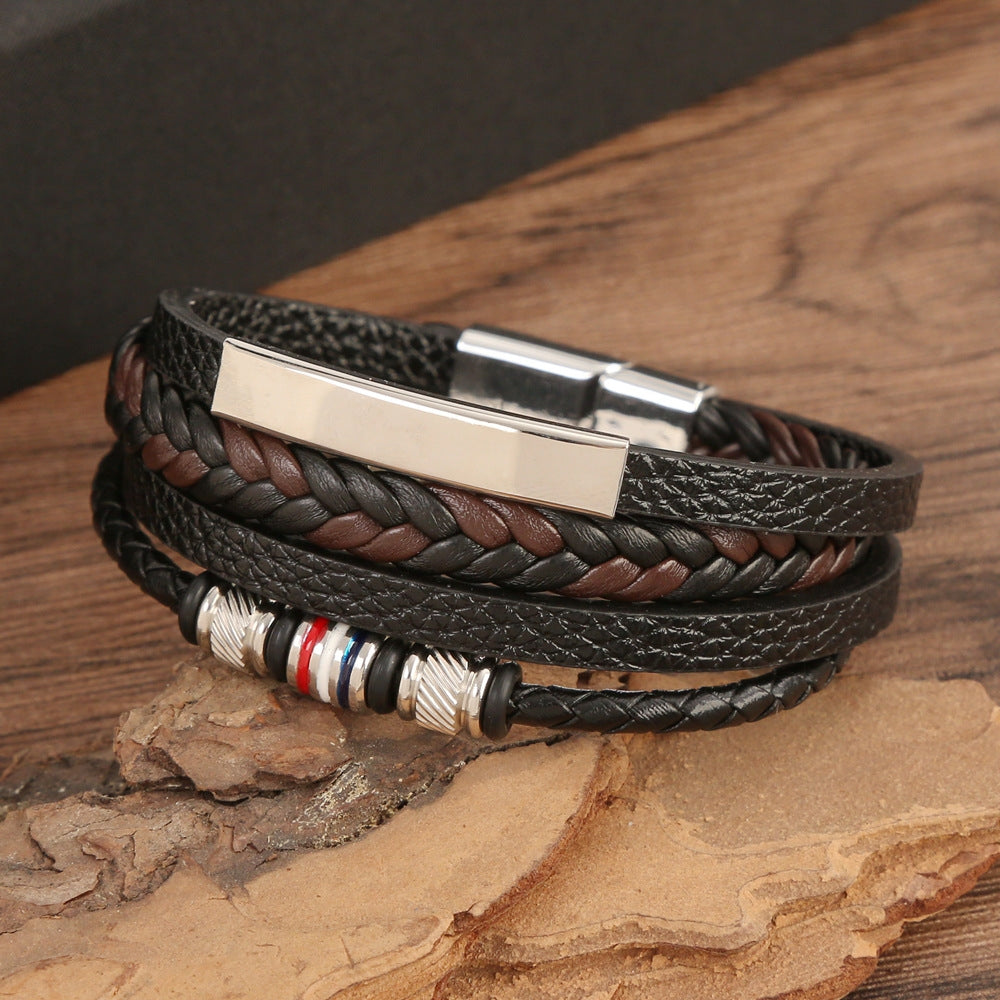 Hip-Hop Geometric Stainless Steel Leather Men's Bracelet with Magnetic Clasp