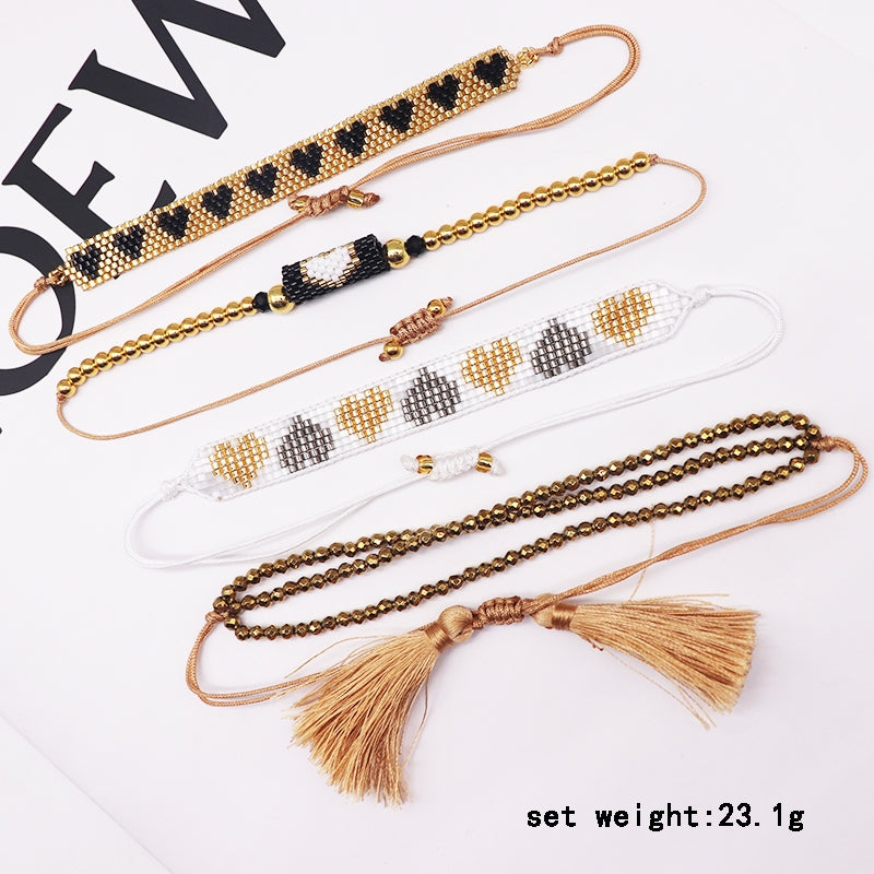 Hip-Hop Heart Shape Crystal Glass Beaded Women's Bracelet Set