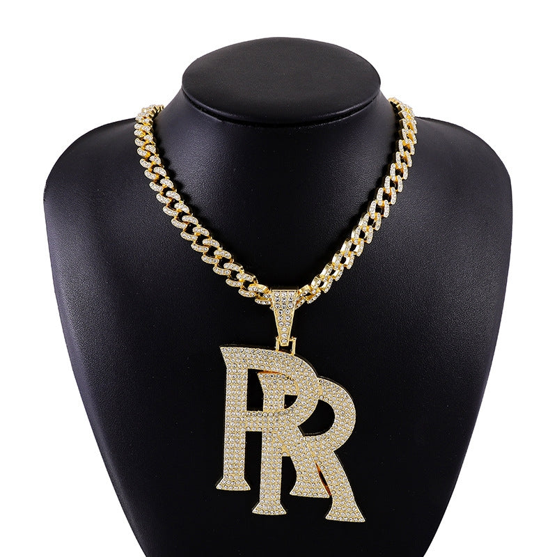 Hip-Hop Double R Letter Rhinestone Pendant Necklace in Gold Cuban Link