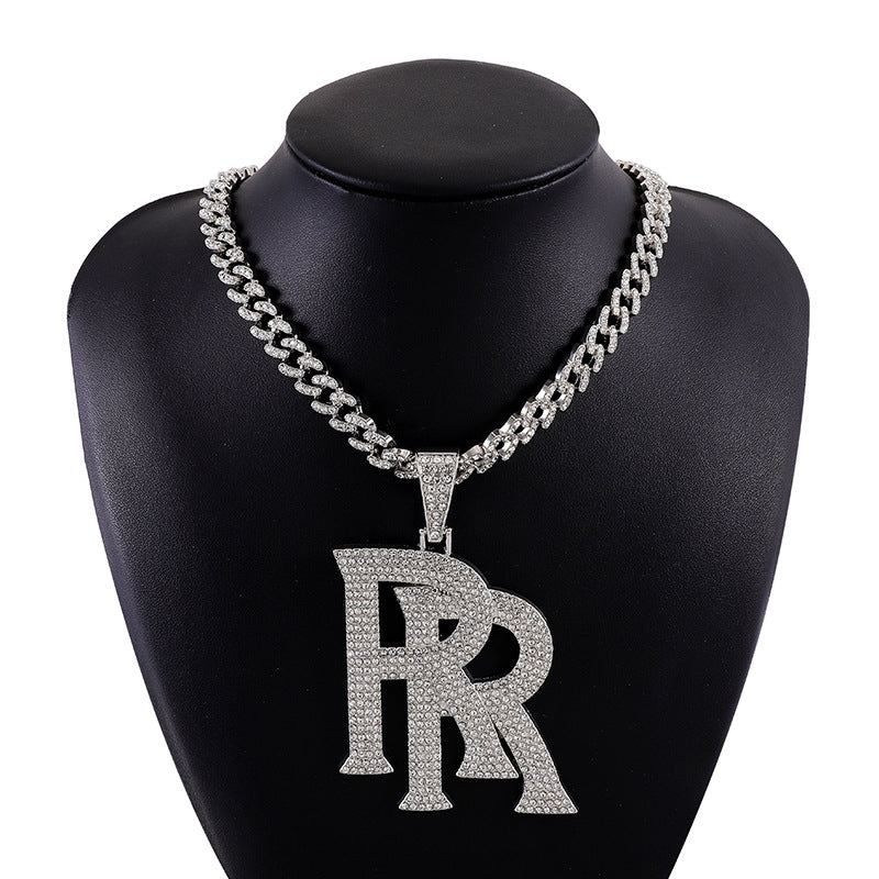 Hip-Hop Double R Letter Rhinestone Pendant Necklace in Gold Cuban Link