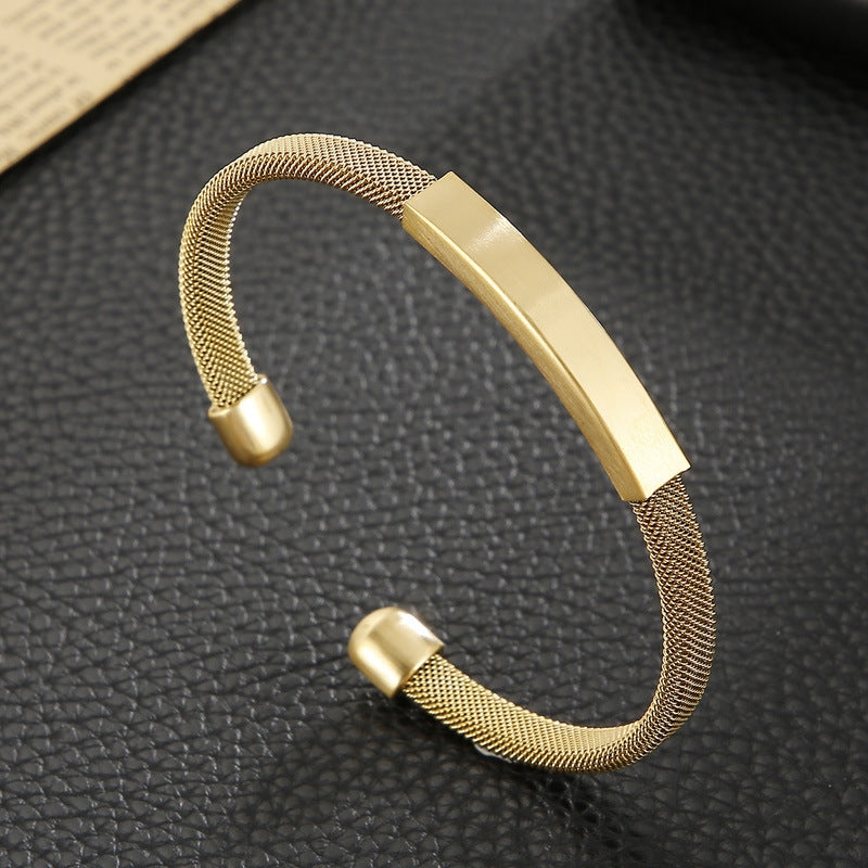 18K Gold Plated Geometric Titanium Steel Men's Cuff Bracelet with Engravable Stainless Steel Mesh Design