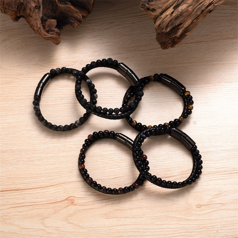 Hip-Hop Punk Geometric Stainless Steel Leather Tiger Eye and Obsidian Beaded Bracelet